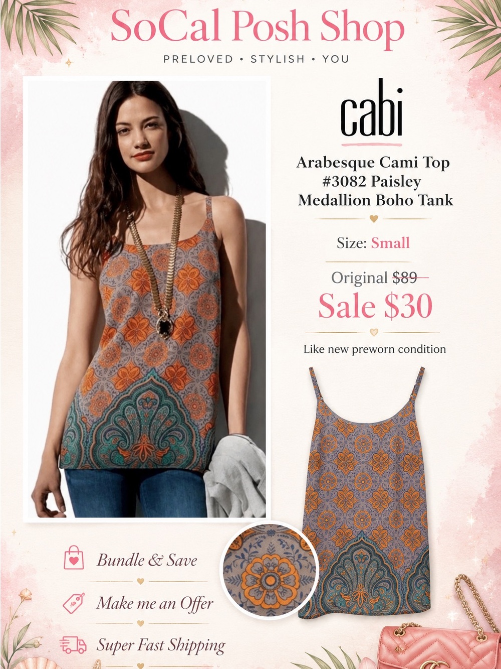 cabi Arabesque Paisley Medallion Cami Tank in Orange & Teal Small